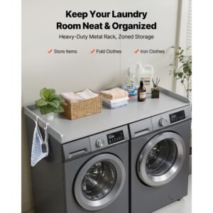 washer dryer countertop, 54 x 27.5 in wooden washer and dryer topper with edge & 2 hooks, water resistant laundry machine topper for laundry closet pantry counter organization and storage, gray