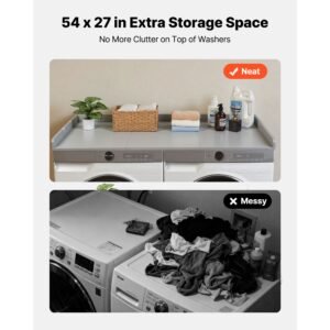 washer dryer countertop, 54 x 27.5 in wooden washer and dryer topper with edge & 2 hooks, water resistant laundry machine topper for laundry closet pantry counter organization and storage, gray