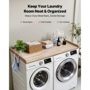 washer dryer countertop, 54 x 27.5 in wooden washer and dryer topper with edge & 2 hooks, water resistant laundry machine topper for laundry closet pantry counter organization and storage, oak