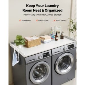 washer dryer countertop, 54 x 27.5 in wooden washer and dryer topper with edge & 2 hooks, water resistant laundry machine topper for laundry closet pantry counter organization and storage, white