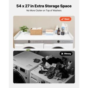 washer dryer countertop, 54 x 27.5 in wooden washer and dryer topper with edge & 2 hooks, water resistant laundry machine topper for laundry closet pantry counter organization and storage, white