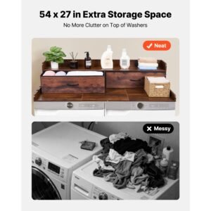 washer dryer countertop with shelf, 54 x 27.5 in wooden washer and dryer topper with 2 drawers & 2 hooks, laundry machine topper for laundry closet pantry counter organization and storage, brown