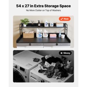 washer dryer countertop with shelf, 54 x 27.5 in wooden washer and dryer topper with edge and 2 hooks, laundry machine topper for laundry closet pantry counter organization and storage, black