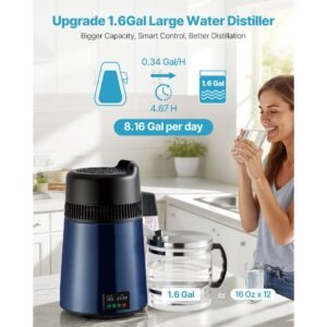 water distiller, 6l 1.6 gallon larger pure water purifier filter for home table countertop, 900w glass pot distilled maker, stainless steel body drinking machine to make clean waters, blue black