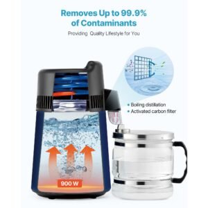 water distiller, 6l 1.6 gallon larger pure water purifier filter for home table countertop, 900w glass pot distilled maker, stainless steel body drinking machine to make clean waters, blue black
