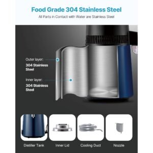 water distiller, 6l 1.6 gallon larger pure water purifier filter for home table countertop, 900w glass pot distilled maker, stainless steel body drinking machine to make clean waters, blue black