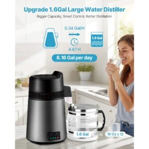 water distiller, 6l 1.6 gallon larger pure water purifier filter for home table countertop, 900w glass pot distilled maker, stainless steel interior drinking machine to make clean waters
