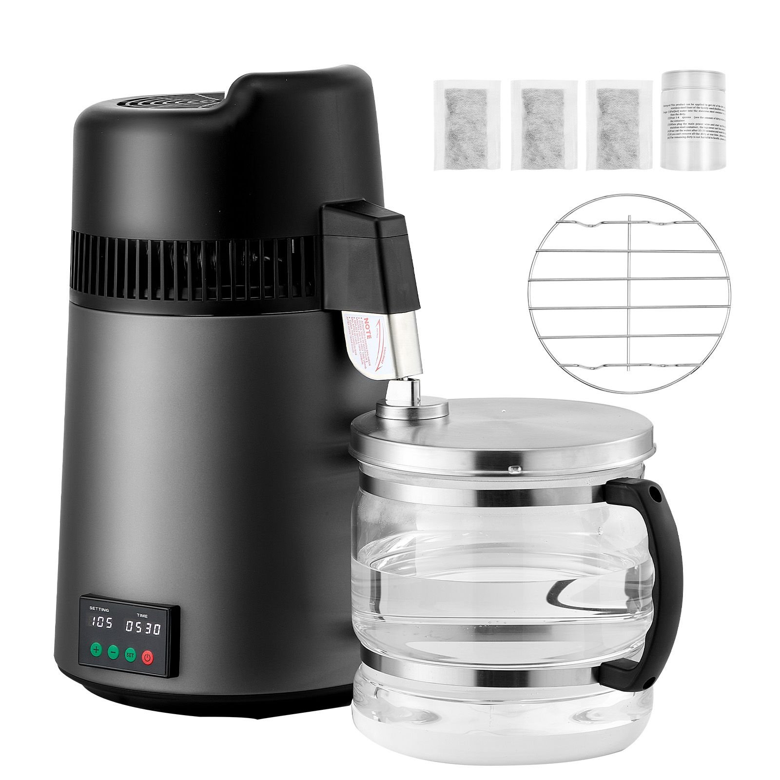 water distiller, 6l 1.6 gallon larger pure water purifier filter for home table countertop, 900w glass pot distilled maker, stainless steel interior drinking machine to make clean waters