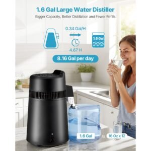 water distiller, 6l 1.6 gallon larger pure water purifier filter for home table countertop, 900w plastic distilled maker, stainless steel interior drinking machine to make clean waters, black