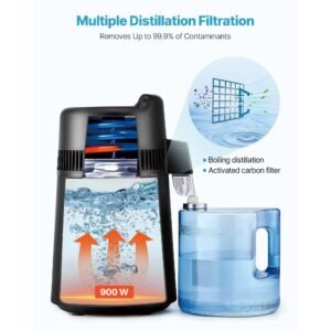 water distiller, 6l 1.6 gallon larger pure water purifier filter for home table countertop, 900w plastic distilled maker, stainless steel interior drinking machine to make clean waters, black