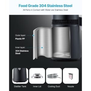 water distiller, 6l 1.6 gallon larger pure water purifier filter for home table countertop, 900w plastic distilled maker, stainless steel interior drinking machine to make clean waters, black
