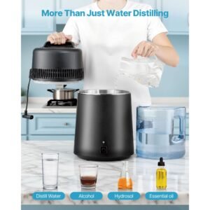 water distiller, 6l 1.6 gallon larger pure water purifier filter for home table countertop, 900w plastic distilled maker, stainless steel interior drinking machine to make clean waters, black
