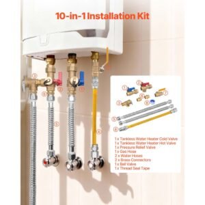 water heater kit, 3/4 inch cold & hot water plumbing repair kit with 600 wog isolation valves, pressure relief valve, ball valve, gas hose, compatible with most tankless waters heater brands