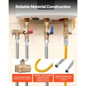 water heater kit, 3/4 inch cold & hot water plumbing repair kit with 600 wog isolation valves, pressure relief valve, ball valve, gas hose, compatible with most tankless waters heater brands