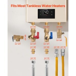 water heater kit, 3/4 inch cold & hot water plumbing repair kit with 600 wog isolation valves, pressure relief valve, ball valve, gas hose, compatible with most tankless waters heater brands