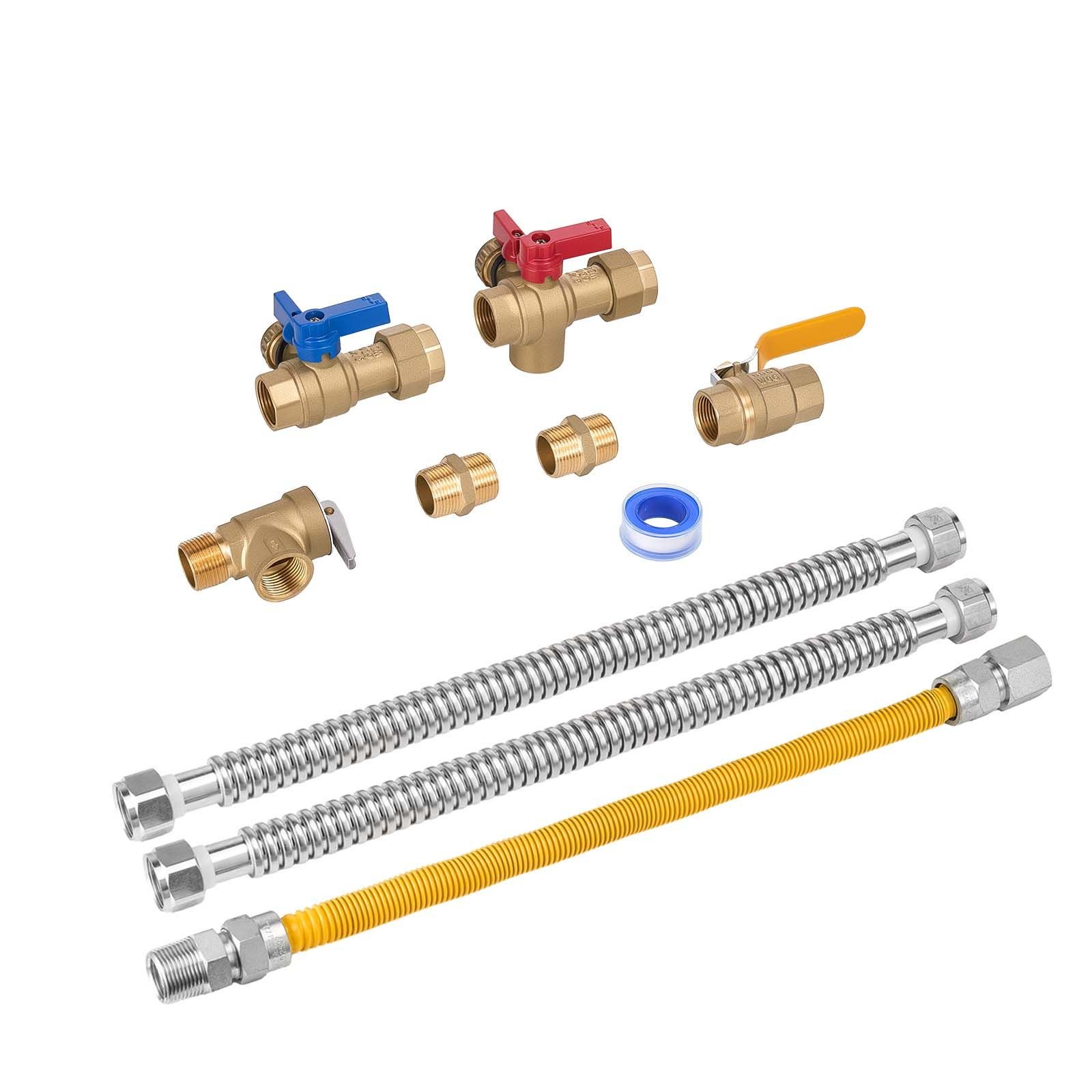 water heater kit, 3/4 inch cold & hot water plumbing repair kit with 600 wog isolation valves, pressure relief valve, ball valve, gas hose, compatible with most tankless waters heater brands