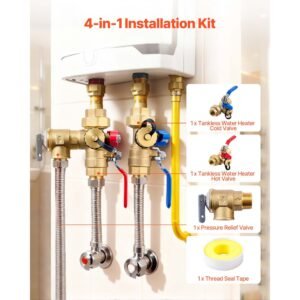 water heater kit, 3/4 inch tankless water heater service valve kit with 2pcs 3/4″ npt to 3/4″ npt isolation valves, pressure relief valve, lead free brass, fits most tankless waters heaters