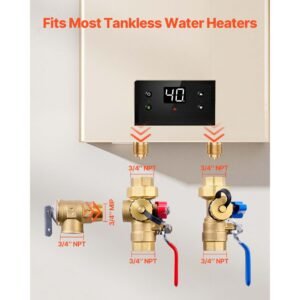water heater kit, 3/4 inch tankless water heater service valve kit with 2pcs 3/4″ npt to 3/4″ npt isolation valves, pressure relief valve, lead free brass, fits most tankless waters heaters