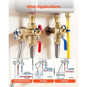 water heater kit, 3/4 inch tankless water heater service valve kit with 2pcs 3/4″ npt to 3/4″ npt isolation valves, pressure relief valve, lead free brass, fits most tankless waters heaters
