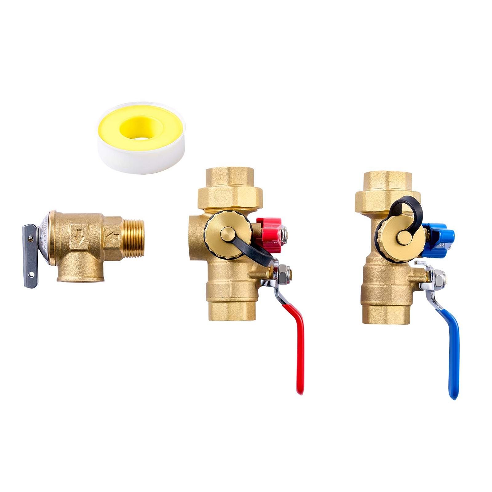 water heater kit, 3/4 inch tankless water heater service valve kit with 2pcs 3/4″ npt to 3/4″ npt isolation valves, pressure relief valve, lead free brass, fits most tankless waters heaters