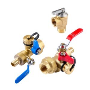 water heater kit, 3/4 inch tankless water heater service valve kit with 2pcs 3/4″ npt to 3/4″ pex b isolation valves, pressure relief valve, lead free brass, fits most tankless waters heaters