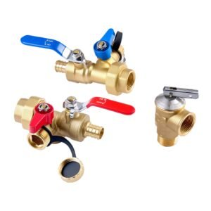 water heater kit, 3/4 inch tankless water heater service valve kit with 2pcs 3/4″ npt to 3/4″ pex b isolation valves, pressure relief valve, lead free brass, fits most tankless waters heaters