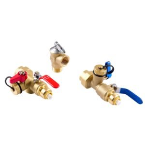 water heater kit, 3/4 inch tankless water heater service valve kit with 2pcs 3/4″ npt to 3/4″ ptc isolation valves, pressure relief valve, fits most tankless waters heaters, lead free brass