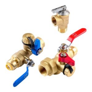 water heater kit, 3/4 inch tankless water heater service valve kit with 2pcs 3/4″ npt to 3/4″ ptc isolation valves, pressure relief valve, fits most tankless waters heaters, lead free brass