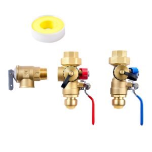 Water Heater Kit, 3/4 Inch Tankless Water Heater Service Valve Kit with 2PCS 3/4″ NPT to 3/4″ PTC Isolation Valves, Pressure Relief Valve, Fits Most Tankless Waters Heaters, Lead-Free Brass