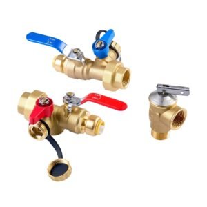 water heater kit, 3/4 inch tankless water heater service valve kit with 2pcs 3/4″ npt to 3/4″ ptc isolation valves, pressure relief valve, fits most tankless waters heaters, lead free brass