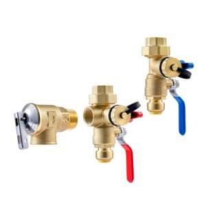 water heater kit, 3/4 inch tankless water heater service valve kit with 2pcs 3/4″ npt to 3/4″ ptc isolation valves, pressure relief valve, fits most tankless waters heaters, lead free brass