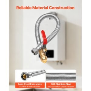 water heater kit, push fit valve flexible water heater connector with 3/4" fip x 1/2" ptc ball valve, stainless steel braided waters heaters supply line for bathroom, kitchen, laundry room
