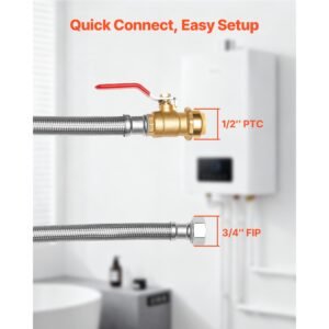 water heater kit, push fit valve flexible water heater connector with 3/4" fip x 1/2" ptc ball valve, stainless steel braided waters heaters supply line for bathroom, kitchen, laundry room