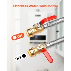 water heater kit, push fit valve flexible water heater connector with 3/4" fip x 1/2" ptc ball valve, stainless steel braided waters heaters supply line for bathroom, kitchen, laundry room