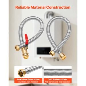 water heater kit, push fit valve flexible water heater connector with 3/4" fip x 3/4" ptc ball valve, stainless steel braided waters heaters supply line for bathroom, kitchen, laundry room