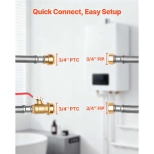 water heater kit, push fit valve flexible water heater connector with 3/4" fip x 3/4" ptc ball valve, stainless steel braided waters heaters supply line for bathroom, kitchen, laundry room