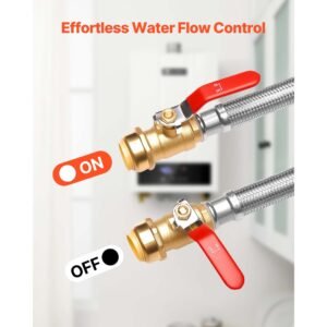 water heater kit, push fit valve flexible water heater connector with 3/4" fip x 3/4" ptc ball valve, stainless steel braided waters heaters supply line for bathroom, kitchen, laundry room