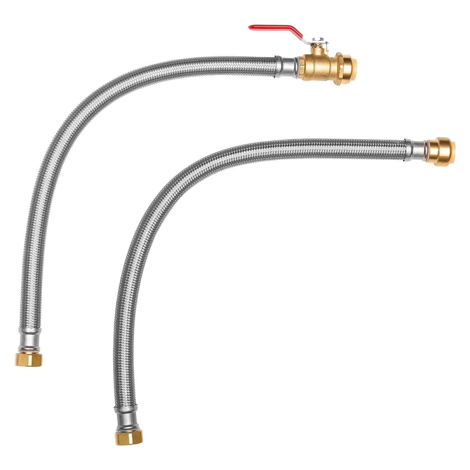 water heater kit, push fit valve flexible water heater connector with 3/4" fip x 3/4" ptc ball valve, stainless steel braided waters heaters supply line for bathroom, kitchen, laundry room