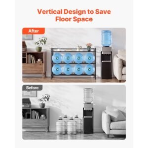 water jug holder, 3 tiers 4 rows 3 and 5 gallon water bottle holder for 8 bottles, heavy duty jug rack organizer with storage shelf, angled design, for kitchen, office, living room, black