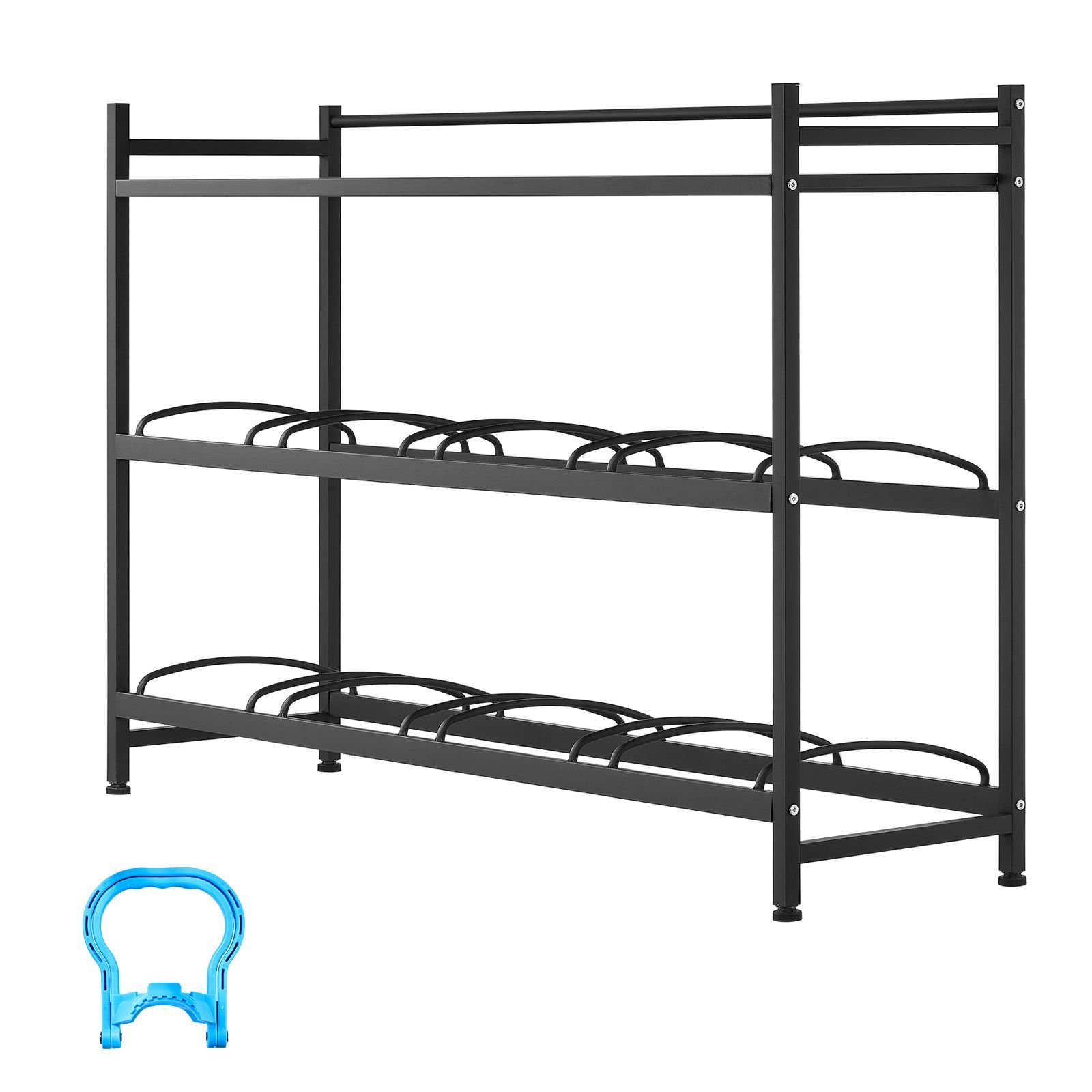 water jug holder, 3 tiers 4 rows 3 and 5 gallon water bottle holder for 8 bottles, heavy duty jug rack organizer with storage shelf, angled design, for kitchen, office, living room, black