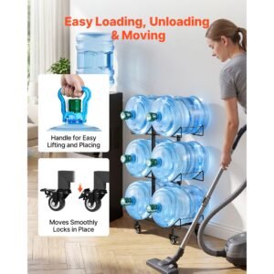 water jug holder, 3 tiers double rows 3 and 5 gallon water bottle holder for 6 bottles, heavy duty jug rack organizer with casters and handles, foldable for kitchen, office, living room, black