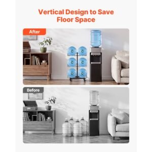 water jug holder, 3 tiers double rows 3 and 5 gallon water bottle holder for 6 bottles, heavy duty jug rack organizer with casters and handles, foldable for kitchen, office, living room, black