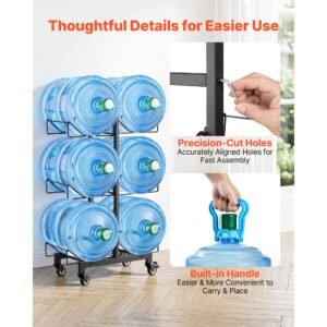 water jug holder, 3 tiers double rows 3 and 5 gallon water bottle holder for 6 bottles, heavy duty jug rack organizer with casters and handles, foldable for kitchen, office, living room, black