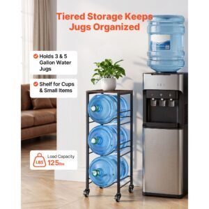 water jug holder, 4 tiers 3 and 5 gallon water bottle holder for 3 bottles, heavy duty jug rack organizer with storage shelf and casters, for kitchen, office, living room, black and brown