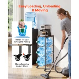 water jug holder, 4 tiers 3 and 5 gallon water bottle holder for 3 bottles, heavy duty jug rack organizer with storage shelf and casters, for kitchen, office, living room, black and brown