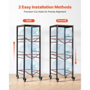 water jug holder, 4 tiers 3 and 5 gallon water bottle holder for 3 bottles, heavy duty jug rack organizer with storage shelf and casters, for kitchen, office, living room, black and brown