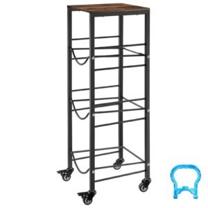 Water Jug Holder, 4 Tiers 3 and 5 Gallon Water Bottle Holder for 3 Bottles, Heavy Duty Jug Rack Organizer with Storage Shelf and Casters, for Kitchen, Office, Living Room, Black and Brown