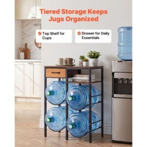 water jug holder, 4 tiers double rows 3 and 5 gallon water bottle holder for 4 bottles, heavy duty jug rack organizer with storage shelf and drawer, for kitchen, living room, black and brown