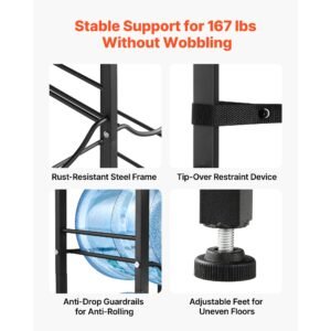water jug holder, 4 tiers double rows 3 and 5 gallon water bottle holder for 4 bottles, heavy duty jug rack organizer with storage shelf and drawer, for kitchen, living room, black and brown