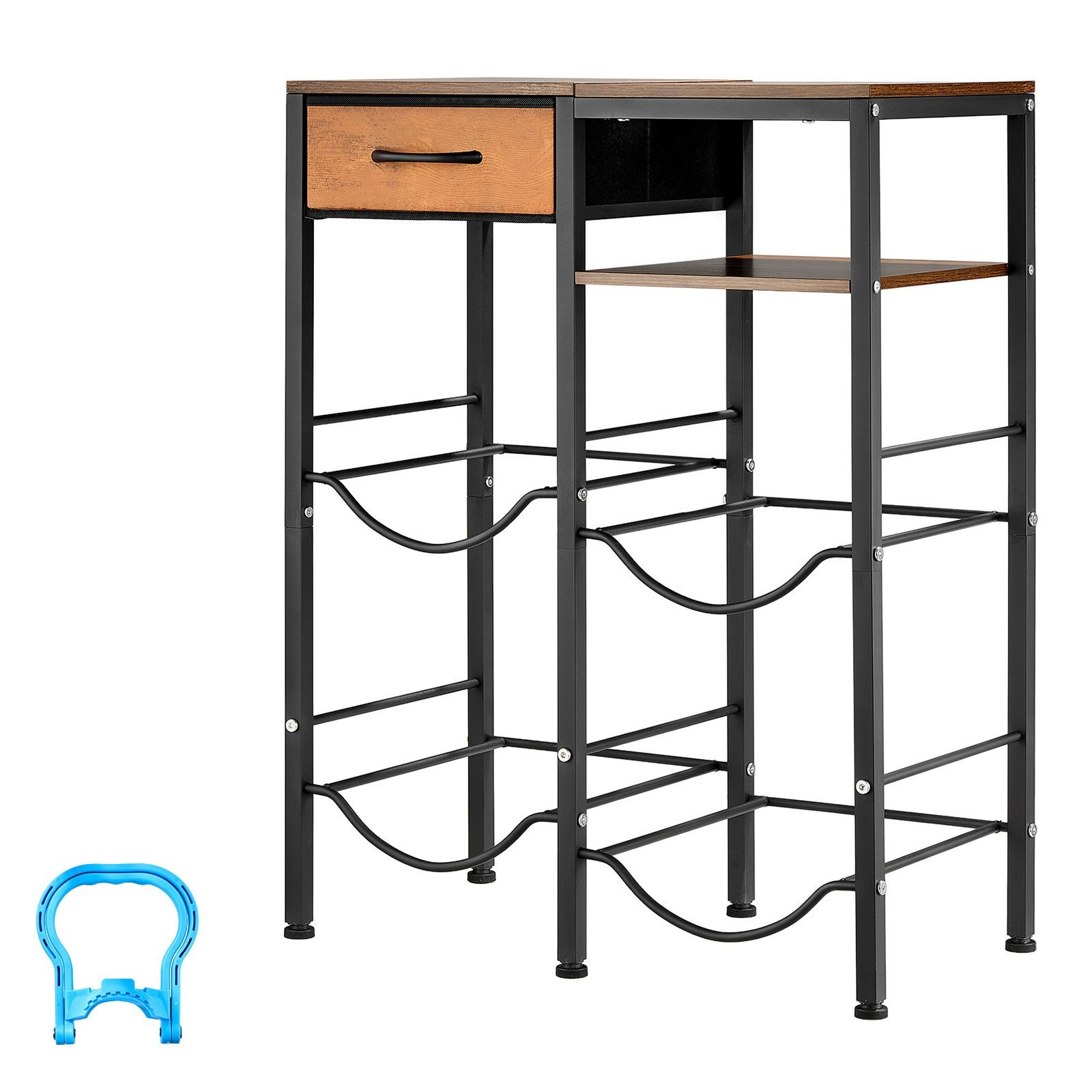 water jug holder, 4 tiers double rows 3 and 5 gallon water bottle holder for 4 bottles, heavy duty jug rack organizer with storage shelf and drawer, for kitchen, living room, black and brown